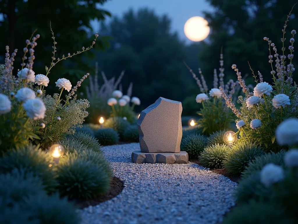 Ethereal Moonlit Pet Memorial Garden - A serene nighttime garden scene captured with a wide-angle lens showing a magical pet memorial space illuminated by full moonlight. White moon flowers and pristine roses glow ethereally against silver-leafed artemisia and dusty miller. A polished granite pet memorial stone sits centrally, its surface reflecting moonbeams, surrounded by softly illuminated white flowering plants. Delicate garden lights are tastefully placed among the foliage, creating gentle shadows and highlighting the memorial space. The composition includes a curved pathway made of light-colored gravel that seems to shimmer in the moonlight, leading to the memorial area. Shot at f/2.8 to capture the dreamy bokeh of the moonlit elements, with the memorial stone in sharp focus.