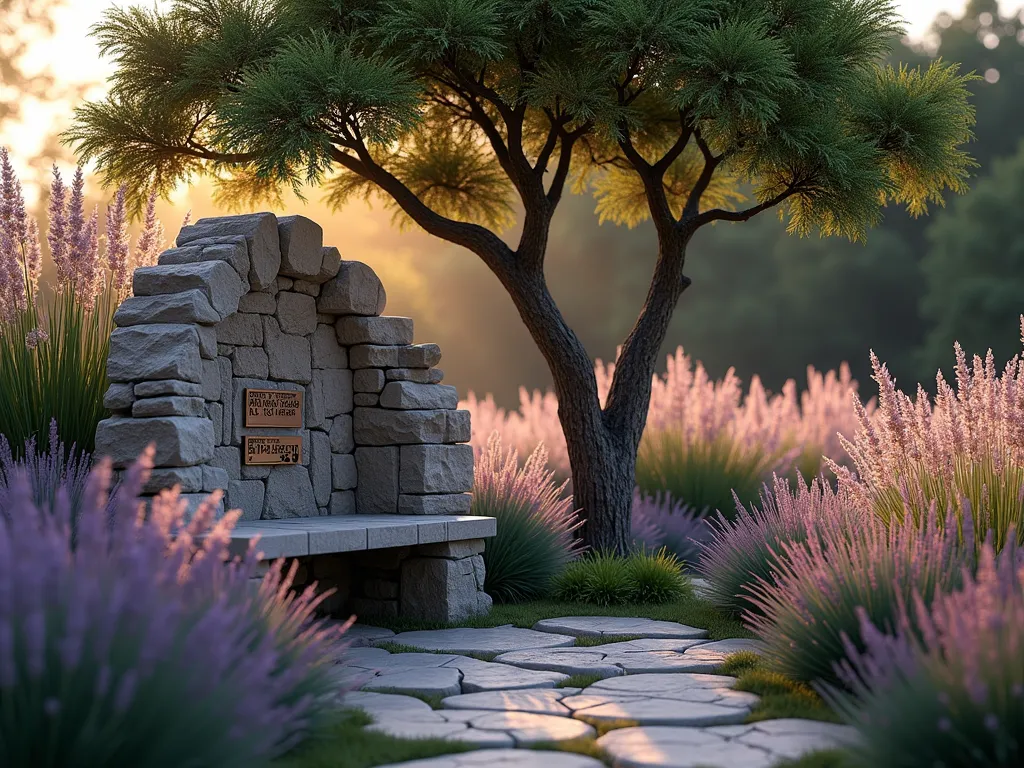 Peaceful Pet Poetry Memorial Corner at Dusk - A serene garden corner at dusk with soft golden light filtering through swaying Feather Reed Grass and Mexican Feather Grass. A weathered stone bench sits beneath a graceful Japanese Maple, with two elegant bronze plaques mounted on a curved natural stone wall. The plaques feature etched pet poems with delicate paw print designs. Purple and white garden lights illuminate the space softly, while Pink Muhly Grass creates a dreamy pink haze in the background. A gentle stone path leads to the meditation space, lined with lavender. Shot from a low angle to capture the ethereal atmosphere, with the grasses creating natural movement in the foreground. Photorealistic, high detail, emotional garden photography.