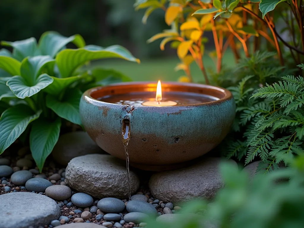 Tranquil Pet Bowl Memorial Fountain - A serene garden vignette at dusk featuring a large, weathered ceramic dog bowl transformed into a gentle cascading fountain. The bowl sits atop natural stone, with water softly trickling down creating peaceful ripples. Lush hostas with their broad leaves and delicate Japanese painted ferns create a verdant embrace around the fountain. Warm accent lighting illuminates the water feature, casting gentle shadows on the surrounding foliage. The intimate scene is captured from a low angle, emphasizing the peaceful atmosphere and emotional connection to the memorial space. Small river rocks line the base, with drops of water catching the golden evening light.