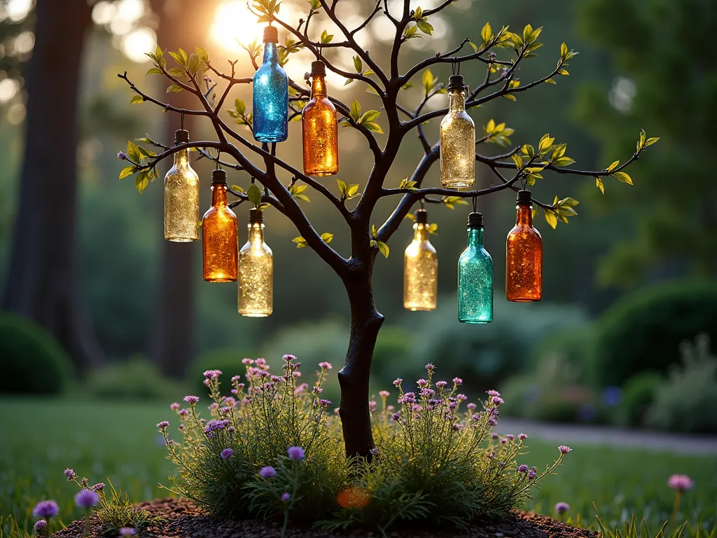 Enchanted Pet Memory Bottle Tree at Twilight - A magical twilight garden scene featuring a handcrafted metal tree structure adorned with hanging cobalt blue, amber, and emerald glass bottles catching the last rays of sunlight. The bottles contain small mementos and pet tags that sparkle. At the base, a circular garden bed flourishes with catnip, lavender, and chamomile creating a soft, fragrant memorial space. Solar-powered fairy lights weave through the branches, creating a warm, ethereal glow. The tree stands 6 feet tall against a blurred natural garden background with mature trees. Shot from a medium-low angle to emphasize the magical quality of the bottle tree while capturing the intimate plantings below. Soft bokeh effect in background.