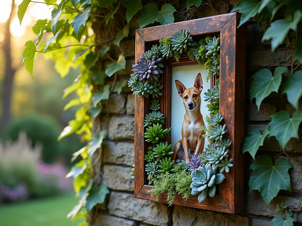 Pet Memorial Living Picture Frame Garden - A stunning vertical living picture frame in a serene garden setting at golden hour, featuring a weathered copper frame filled with cascading succulent plants in varying shades of green, purple, and silver. The frame measures 4 feet tall, mounted on a rustic stone wall covered with climbing ivy. In the center, a weather-sealed vintage-style photograph of a beloved pet sits protected behind glass, surrounded by alternating rings of Echeveria, Sedum, and String of Pearls that create a living tribute. Soft evening sunlight filters through nearby Japanese Maple branches, casting dappled shadows across the memorial. Professional DSLR photo captured at f/8, showcasing crisp details of the intricate plant textures while maintaining dreamy bokeh in the background garden.