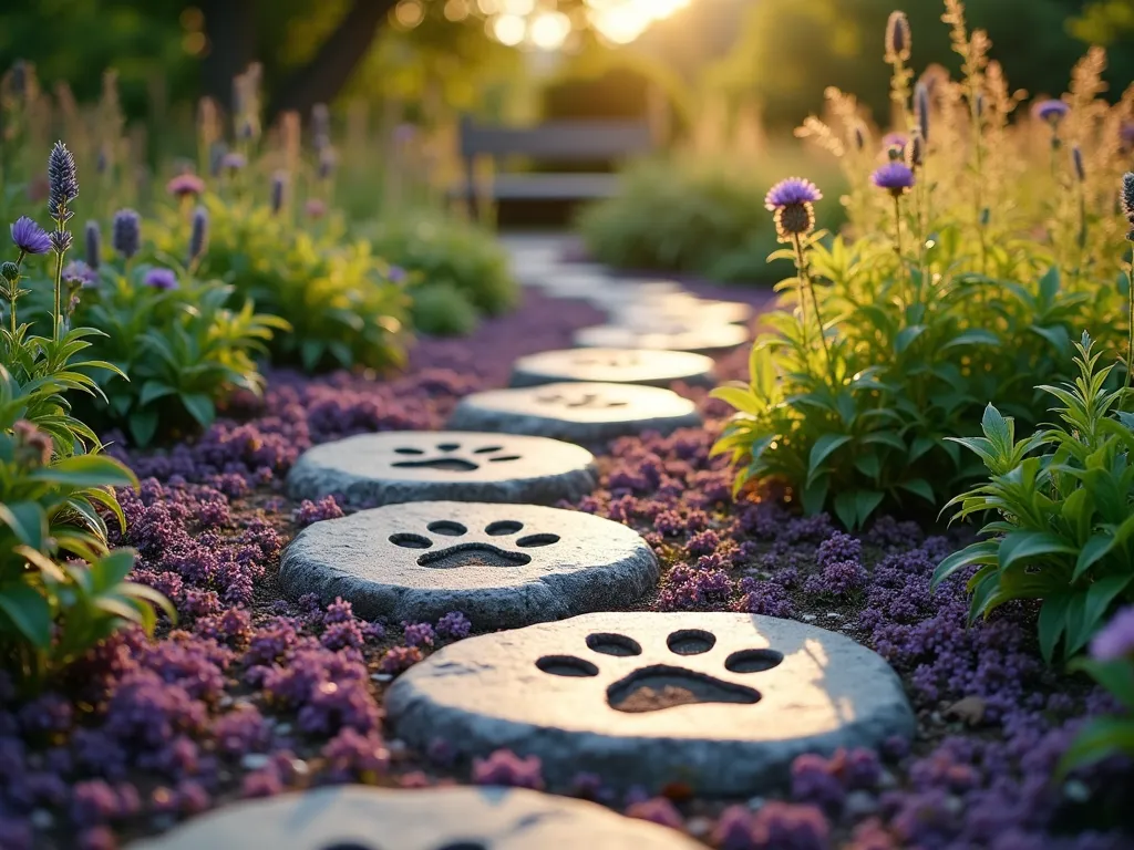 Pet Memorial Paw Print Garden Path - A serene garden pathway at golden hour, featuring handcrafted concrete stepping stones with embedded dog paw prints. The stones form a winding path through a lush garden, each stone weathered to a natural gray patina and surrounded by flowering creeping thyme creating a soft purple carpet. Dappled sunlight filters through overhead trees, casting gentle shadows across the path. The stepping stones are artfully arranged in a natural progression, leading to a small memorial bench in the background. Shot from a low angle to emphasize the texture of the paw prints, with selective focus on the nearest stone while maintaining overall scene clarity. The surrounding garden features a soft bokeh effect with wildflowers and ornamental grasses swaying gently in the background. Professional photography with natural lighting and rich detail capture.