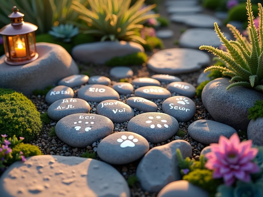 Pet Memorial Rock Garden at Sunset - A serene garden corner at golden hour featuring a heart-shaped arrangement of smooth river rocks and decorative stones of varying sizes, some delicately hand-painted with pet names and paw prints in metallic silver. Natural stone pathway leading to the memorial space, surrounded by cascading purple and pink sempervivum succulents, hardy sedum, and compact alpine plants in blues and whites. Small copper garden lantern casting warm light, with natural moss accents between rocks. Close-up perspective highlighting the intricate details of painted memories on stones, soft sunset lighting creating long shadows and warm highlights on rock surfaces, photorealistic, emotional, peaceful garden setting, 85mm lens, f/2.8, golden hour lighting