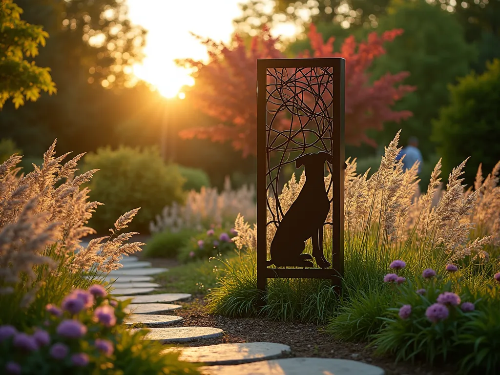 Pet Memorial Shadow Art Garden Panel - A serene garden scene at golden hour, featuring a 6-foot tall decorative metal panel with a detailed dog silhouette, photographed at f/2.8. The panel is artfully positioned among swaying Miscanthus sinensis grasses reaching 5 feet tall. Purple clematis vines gracefully frame the edges of the panel, while the setting sun casts a dramatic elongated shadow across a natural stone pathway. The background features soft-focus Japanese maple trees and ornamental shrubs, creating depth. Captured with a wide-angle perspective that shows the integration of the memorial into the broader garden landscape, with warm evening light filtering through the grasses creating a ethereal, contemplative atmosphere.