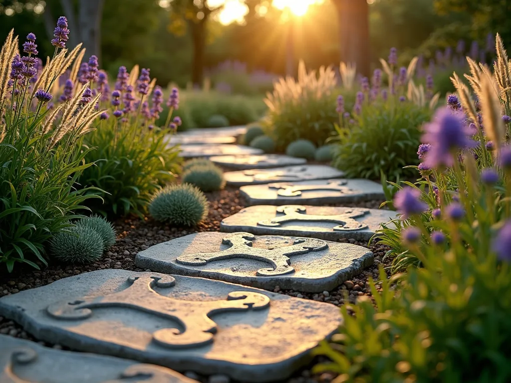 Whimsical Pet Memorial Stepping Stone Path - A golden hour garden scene featuring a winding stepping stone path made of handcrafted concrete pavers, each molded with charming bone and fish shapes. The stones have a weathered, vintage patina and are arranged in a gentle curve through a lush garden. The path is bordered with flowing clusters of purple catmint and silvery-green wheat grass that sway gently in the breeze. Soft evening sunlight filters through the foliage, casting warm shadows across the decorative stones. The perspective is a low angle shot that follows the curve of the path, with the foreground showing detailed textures of the stepping stones and herbs, while the background gently blurs into a peaceful garden setting with mature trees and flowering shrubs.