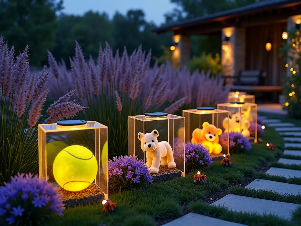 Pet Memorial Toy Garden Border at Dusk - A close-up shot at dusk of a garden border featuring weather-sealed pet toys arranged artistically among ornamental grasses. The toys, including tennis balls, rope toys, and plush animals, are encased in clear resin blocks that catch the warm evening light, creating a glowing effect. Purple fountain grass and Mexican feather grass sway gently around the preserved toys, while purple coneflowers and black-eyed susans provide bursts of color. Solar-powered garden lights illuminate the border, creating a magical, nostalgic atmosphere. The border curves gracefully along a garden path, with a rustic wooden bench visible in the background, perfect for quiet reflection.