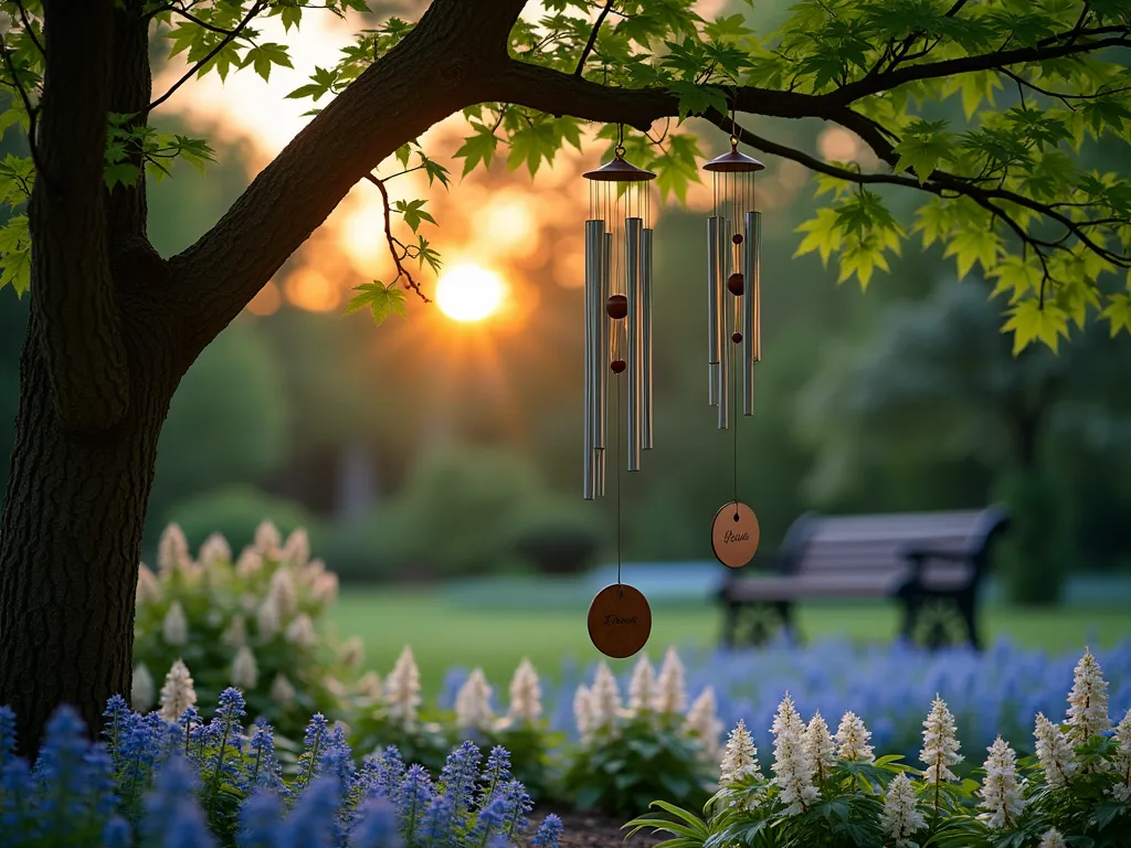 Serene Pet Memorial Wind Chime Tree at Dusk - A serene twilight garden scene featuring a graceful Japanese Maple tree adorned with delicate silver and copper wind chimes, some engraved with pet names, gently swaying in the evening breeze. Beneath the tree, a carpet of blue hostas and white astilbe flowers creates a peaceful understory, while subtle garden lighting casts a warm glow through the tree's branches. Shot with a medium-wide perspective at golden hour, creating a dreamy atmosphere with bokeh effects from the setting sun filtering through the chimes. The scene includes a small stone bench nearby, suggesting a place for quiet reflection.