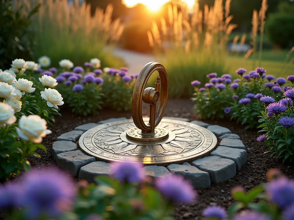 Sunset Pet Memory Time Capsule Garden - A serene raised garden bed at golden hour, featuring a classic brass sundial as its centerpiece. The circular bed is bordered with natural stone and filled with blooming purple coneflowers, white roses, and lavender creating a peaceful memorial space. A weathered copper time capsule marker peeks through the foliage, while tall ornamental grasses sway gently in the background. Soft sunset light casts long shadows across the garden, highlighting the sundial's patina and the delicate flower petals. Shot from a 45-degree angle to capture both the depth of the garden and the ethereal evening atmosphere, with a shallow depth of field focusing on the sundial and nearest flowers. DSLR camera, wide-angle lens, f/8, ISO 100, 1/125 sec, natural lighting.