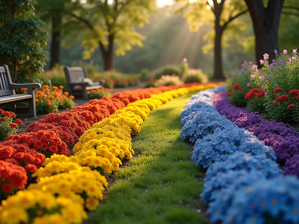 Rainbow Wave Pet Memorial Garden - A serene morning garden scene with golden sunlight filtering through trees, featuring a gently curving flower bed designed in a perfect rainbow wave pattern. The bed spans 15 feet, starting with vibrant red salvias, transitioning through orange marigolds, yellow daylilies, green bells of Ireland, blue delphiniums, and ending with purple verbena. A rustic stone path winds alongside the rainbow wave, with a small weathered wooden bench positioned at one end. Morning dew glistens on the flowers, captured in stunning detail with shallow depth of field. A decorative stone pet memorial marker sits thoughtfully placed among the purple verbena section. Shot from a low angle to emphasize the wave pattern, with soft bokeh in the background showing mature trees and natural garden elements.