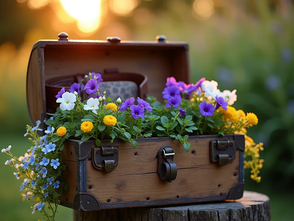 Rustic Pet Memorial Box Planter at Sunset - Close-up perspective of a weathered wooden trunk transformed into an elevated garden planter, set against a warm sunset garden background. The trunk features a glass-enclosed display section containing a vintage leather collar and metal tags. The planter overflows with purple and white petunias, forget-me-nots, and soft yellow marigolds cascading down its sides. Soft golden hour lighting casts long shadows across the rustic wood, while dewdrops glisten on the flower petals. Shot with shallow depth of field focusing on the memorial items and flowers. Photographed with a digital camera, 16-35mm lens at 35mm, f/2.8, ISO 400.