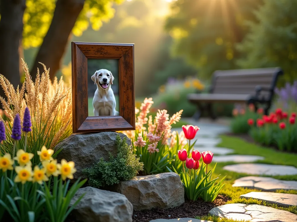 Seasonal Pet Memorial Frame Garden - A serene garden vignette at golden hour featuring a rustic weathered copper photo frame mounted on a natural stone pedestal, displaying a beloved pet's photo. The frame is lovingly embraced by a flowing garden design with layered seasonal plantings: spring tulips and daffodils emerging from the base, vibrant summer lavender and roses in full bloom, ornamental autumn grasses catching the warm light, and bright red winter berries. Shot with a medium-close perspective, shallow depth of field highlighting the frame while the surrounding garden creates a soft, dreamy bokeh effect. Dappled sunlight filters through nearby trees, creating a peaceful and contemplative atmosphere. Natural stone pavers lead to this intimate memorial space, with a small wooden bench visible in the background.