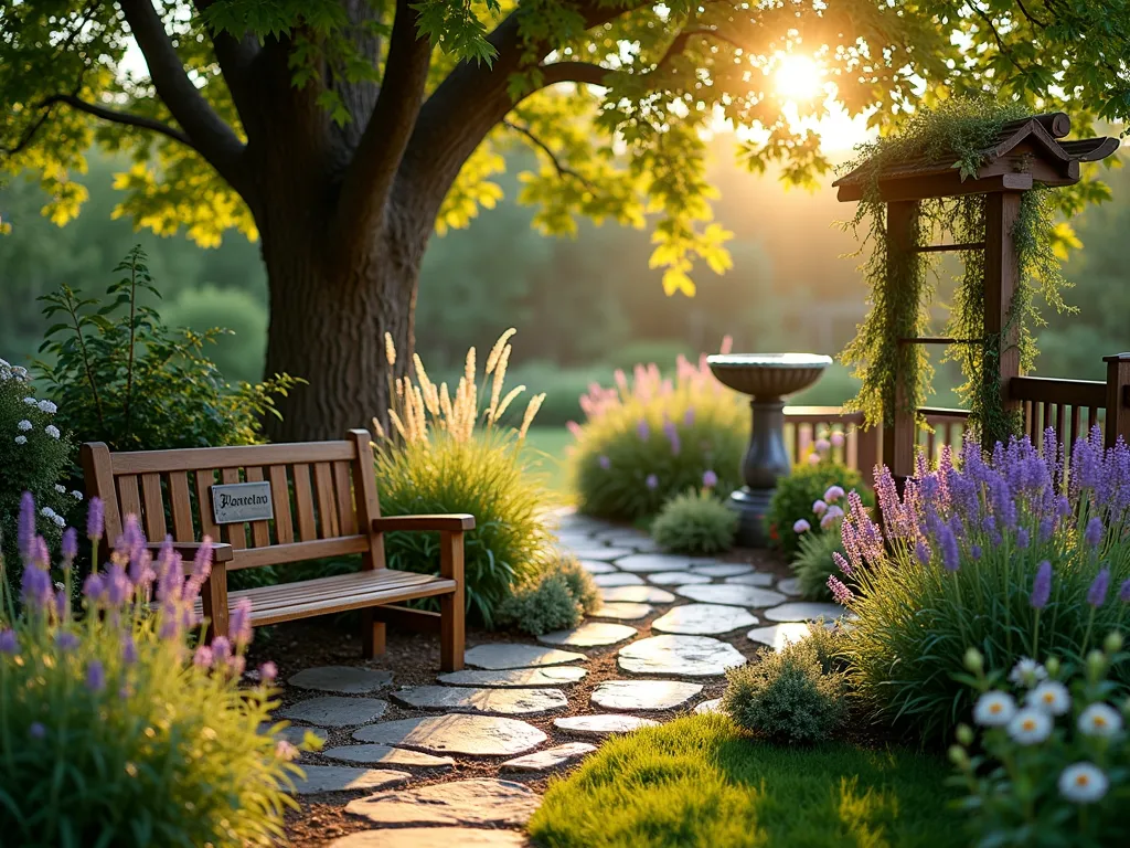 Sunlit Pet Memorial Garden Retreat - A serene late afternoon garden scene captured with a wide-angle lens, showing a intimate memorial garden space nestled under a mature maple tree. A cozy wooden bench sits beside a peaceful water feature, surrounded by soft purple catmint and white echinacea flowers. Golden sunlight filters through the leaves, creating dappled shadows on a personalized stone marker. Plush ornamental grasses sway gently in the breeze, while climbing jasmine adorns a rustic wooden arch. The scene includes a small, elevated cushioned platform where a pet might have lounged, now beautifully integrated into the garden with surrounding lavender and butterfly bushes. A vintage-style copper bird bath stands nearby, attracting wildlife to this tranquil sanctuary. Shot at golden hour with natural lens flare, f/2.8 creating a dreamy bokeh effect in the background foliage.