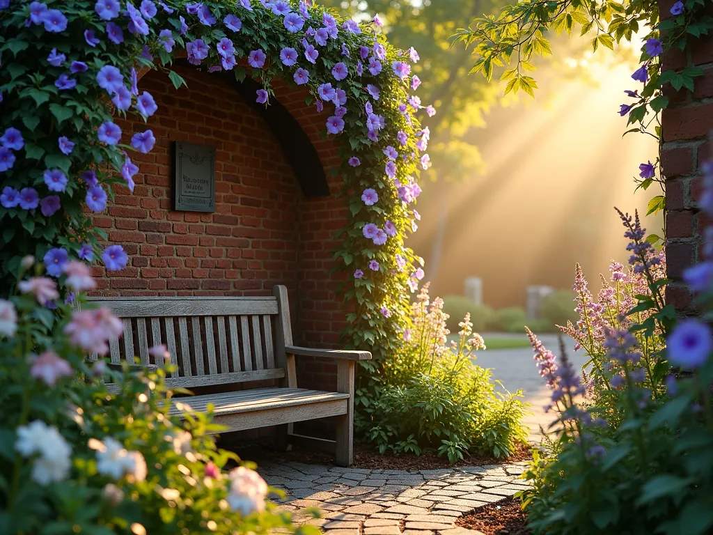 Sunrise Pet Memorial Garden Nook - A serene east-facing garden nook at dawn, bathed in golden morning light. A rustic wooden bench nestled against a curved brick wall adorned with climbing morning glories in full purple-blue bloom. A small, elegant bronze memorial plaque catches the first rays of sunrise, while dewdrops glisten on the surrounding flowers. Pink and white bleeding hearts, lavender, and soft ornamental grasses frame the intimate space. Shot from a wide angle showing the entire peaceful corner composition, with sun rays filtering through the morning glory vines. Atmospheric morning mist adds a ethereal quality to the scene.