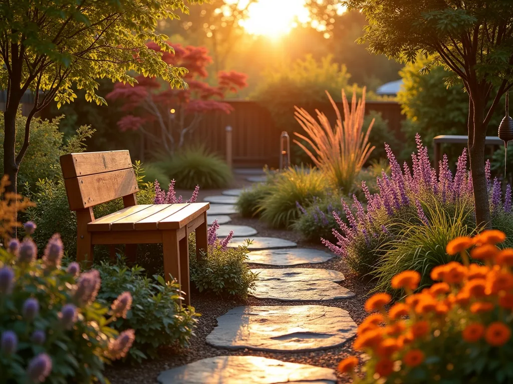 Tranquil Sunset Pet Memorial Garden - A serene west-facing garden at golden hour, bathed in warm sunset light. A cozy teak wood bench nestled among flowing drifts of orange Helenium, purple Salvias, and crimson Japanese Maples. Stone pathway leading to an intimate seating area surrounded by copper-colored ornamental grasses catching the last rays of sun. Soft-glowing solar lanterns scattered throughout. Weathered copper wind chimes gently moving in the evening breeze. Perspective from ground level looking up through the plants towards the setting sun, creating a dreamy backlit effect with bokeh.