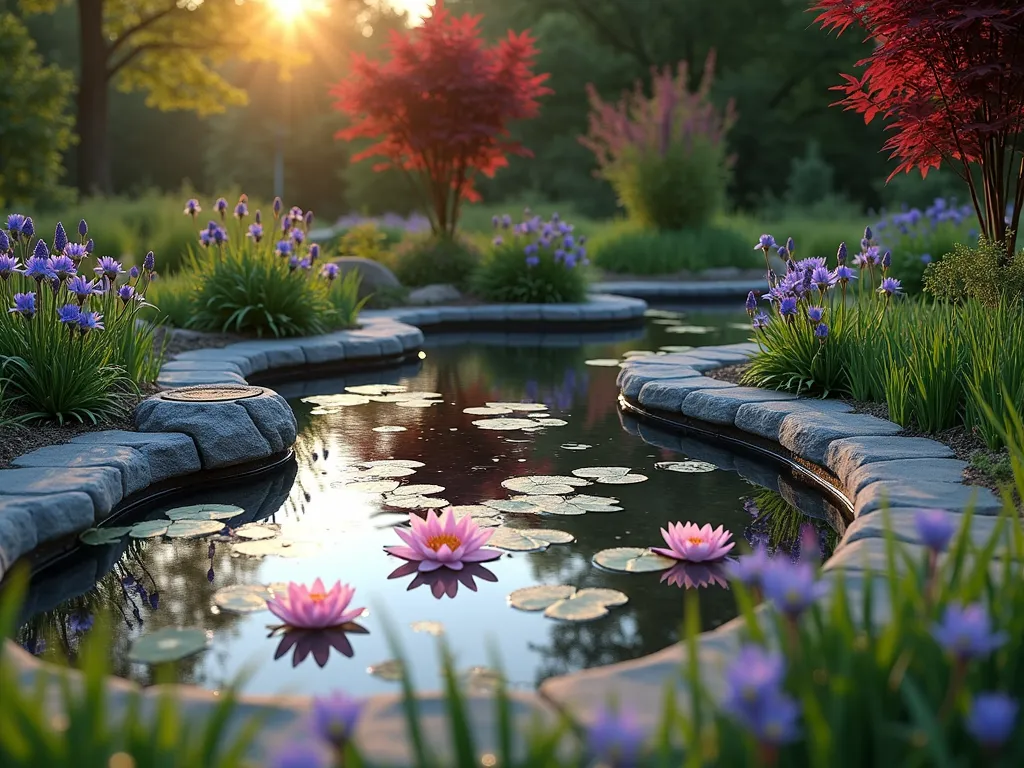 Tranquil Pawprint Memorial Pond - A serene garden scene at golden hour featuring a paw-print shaped pond with curved edges, approximately 6 feet wide, nestled within a lush garden setting. Pink and white water lilies float gracefully on the crystal-clear water, while purple iris and marsh marigolds line the edges. A hand-carved natural stone memorial marker rests at the 'heel' of the paw print, partially embraced by ornamental grasses. Soft evening light casts gentle shadows across the water's surface, creating a peaceful atmosphere. The scene is captured from a raised angle to clearly show the paw print shape, with Japanese maple trees providing a burgundy backdrop. Professional DSLR photo with pristine clarity and natural depth of field, highlighting both the emotional significance and artistic design of this memorial feature.