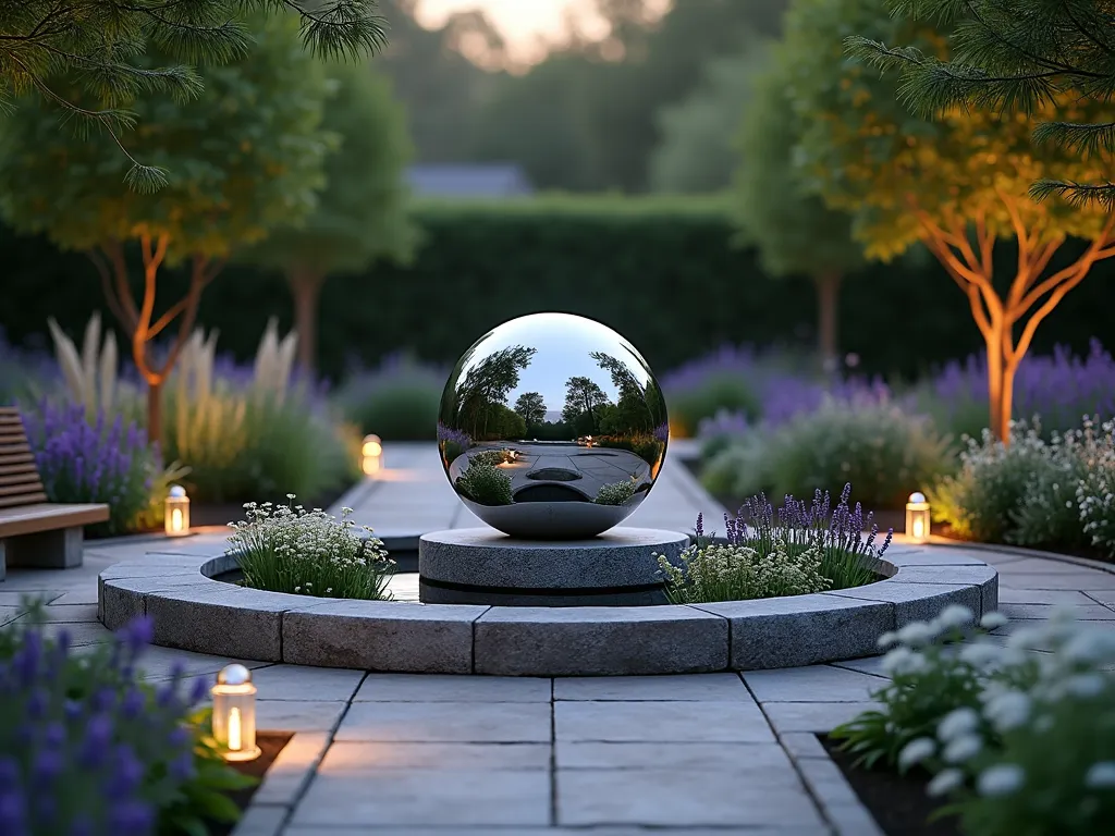 Tranquil Pet Memorial Meditation Sphere Garden at Twilight - A serene garden scene at twilight, captured with a wide-angle lens showing a polished stainless steel gazing ball (24 inches) as the centerpiece, gently illuminated by soft landscape lighting. The sphere sits atop a carved stone pedestal, surrounded by concentric circles of blooming lavender and white flowering chamomile. A gentle water feature incorporated into the sphere creates subtle ripples, reflecting the warm golden hour light. Natural stone pavers form a circular path around the meditation space, with curved wooden benches positioned for quiet contemplation. The background features graceful ornamental grasses and deep purple salvias creating depth and texture. Soft LED path lights illuminate the walking area, while Japanese maple trees frame the scene with their delicate foliage. Shot at f/2.8 to create dreamy bokeh effect in the background, capturing the peaceful ambiance of this memorial space.