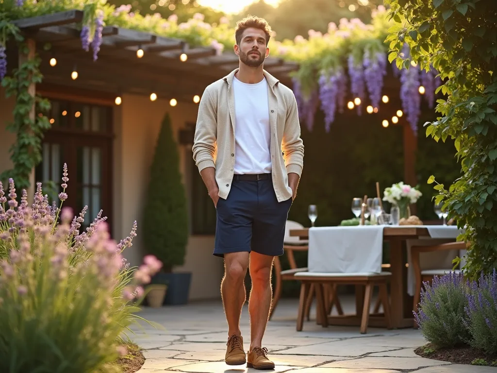 Casual Garden Party Cardigan Style - An elegant garden party scene at golden hour, photographed with a DSLR camera and wide-angle lens. A stylish man in his 30s wearing a light beige cotton cardigan over a crisp white t-shirt and navy tailored shorts, standing on a natural stone patio. Behind him, a beautiful cottage garden features blooming lavender and roses, with a classic wooden pergola draped in climbing wisteria. Soft evening light filters through the pergola, creating a warm, inviting atmosphere. The man is wearing premium leather sneakers in tan, standing casually near a rustic outdoor dining setup with vintage-style string lights overhead. Professional photography with perfect depth of field at f/8, ISO 100, capturing the natural golden hour lighting at 1/125 shutter speed. The composition includes lush greenery and architectural elements in the background, with the subject positioned slightly off-center following the rule of thirds.