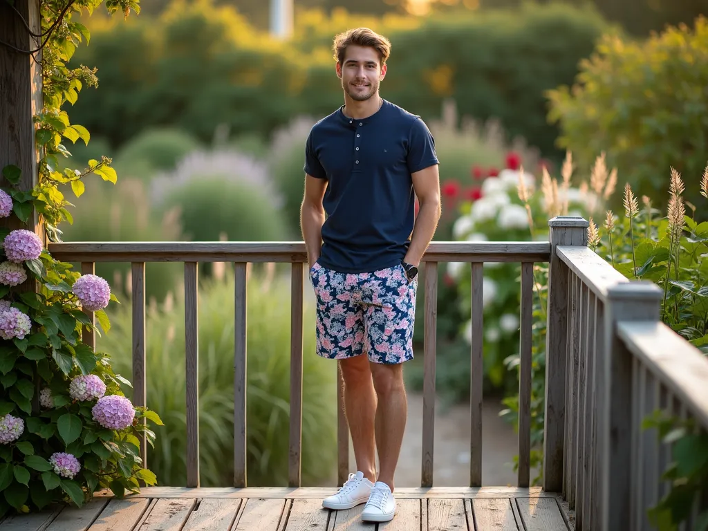 Casual Garden Party Henley Outfit - A well-dressed young man in a navy Henley shirt and floral-patterned bermuda shorts stands casually on a rustic wooden deck, shot from a medium angle in golden hour lighting. Behind him, a lush garden featuring flowering hydrangeas and ornamental grasses creates a soft, natural backdrop. He's wearing classic white canvas sneakers and is positioned near weathered deck railing with climbing jasmine. Professional DSLR photography with natural depth of field, showcasing the interplay between casual fashion and garden setting, f/8, ISO 100, 1/125 shutter speed, captured with warm evening sunlight casting gentle shadows across the deck boards.