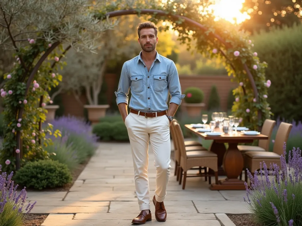 Sophisticated Garden Party Denim Attire - A stylish man in his early 30s wearing a light-washed denim shirt with rolled sleeves and cream chinos, standing in front of a lush English garden. The scene is captured during golden hour, with warm sunlight filtering through mature olive trees. He's positioned on a weathered stone patio surrounded by lavender borders and climbing roses on copper archways. A vintage wooden garden table with crystal glassware is visible in the background, along with sophisticated rattan furniture. The man is wearing brown leather accessories including a belt and loafers, creating a perfect balance between casual and refined. The composition is a medium-wide shot that captures both the outfit details and the elegant garden setting, with soft bokeh effects highlighting the natural elements.