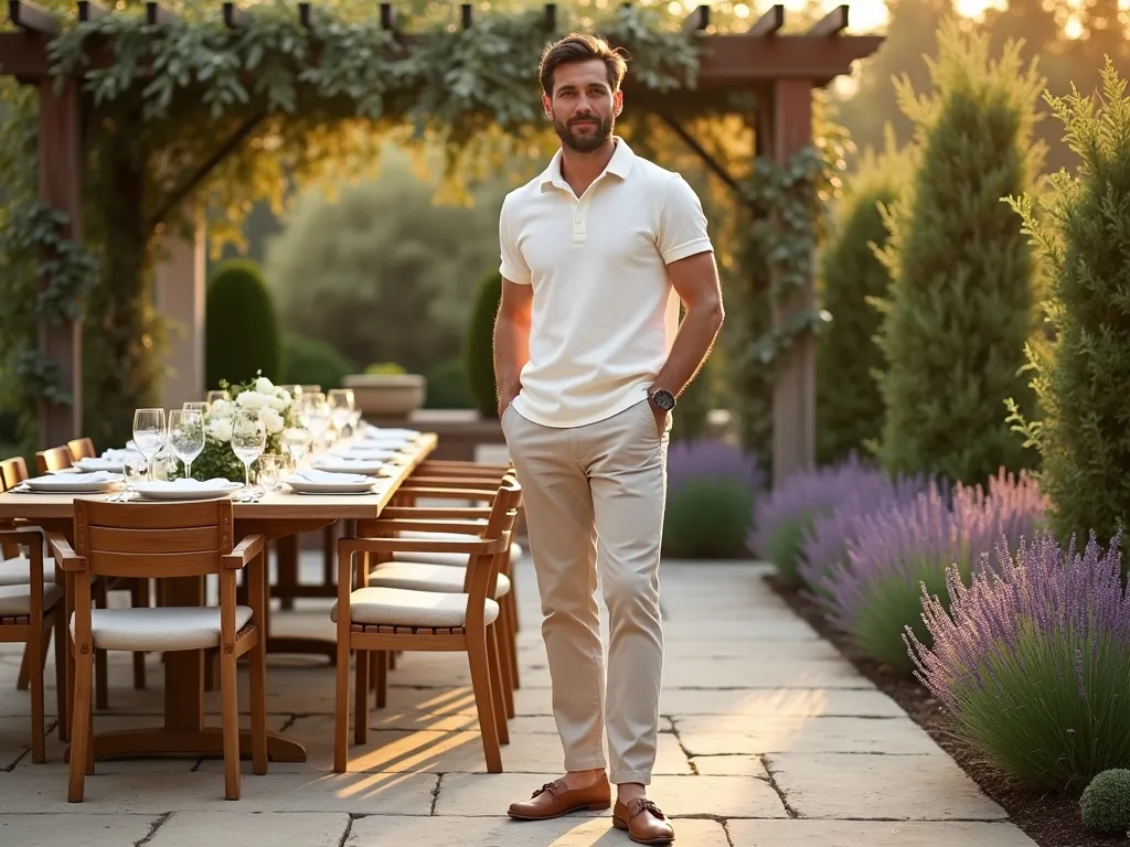 Elegant Garden Party Linen Attire - A sophisticated garden party scene at golden hour, shot at f/2.8 with a 16-35mm lens. A well-dressed man in his 30s wearing a cream linen-blend polo shirt and tailored light beige linen trousers stands on a natural stone patio. He's positioned near a vintage teak outdoor dining table dressed with white linens and crystal glassware. The background features a manicured English garden with blooming lavender borders and climbing roses on weathered wooden pergola posts. Warm evening sunlight filters through mature olive trees, creating a dappled light effect across the scene. Brown leather sandals complete his resort-inspired look. The composition is captured in a wide-angle perspective, emphasizing the relationship between the sophisticated casual outfit and the refined garden setting.