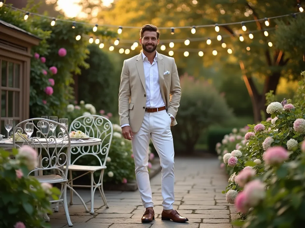 Elegant Garden Party Linen Ensemble - A sophisticated man in his 30s wearing a tailored beige linen blazer and crisp white chinos stands in a lush English garden setting during golden hour. Medium shot composition from a slight low angle, capturing him in a natural pose against blooming hydrangeas and climbing roses. He's standing on a weathered stone patio near a vintage wrought iron garden table set with crystal glasses. Brown leather loafers gleam in the warm evening light, while his white cotton pocket square adds a refined touch. Soft bokeh effect in background highlights garden string lights and pastel flower borders. Shot with shallow depth of field emphasizing the textural qualities of the linen blazer. Natural, candid feeling with sophisticated garden party atmosphere.