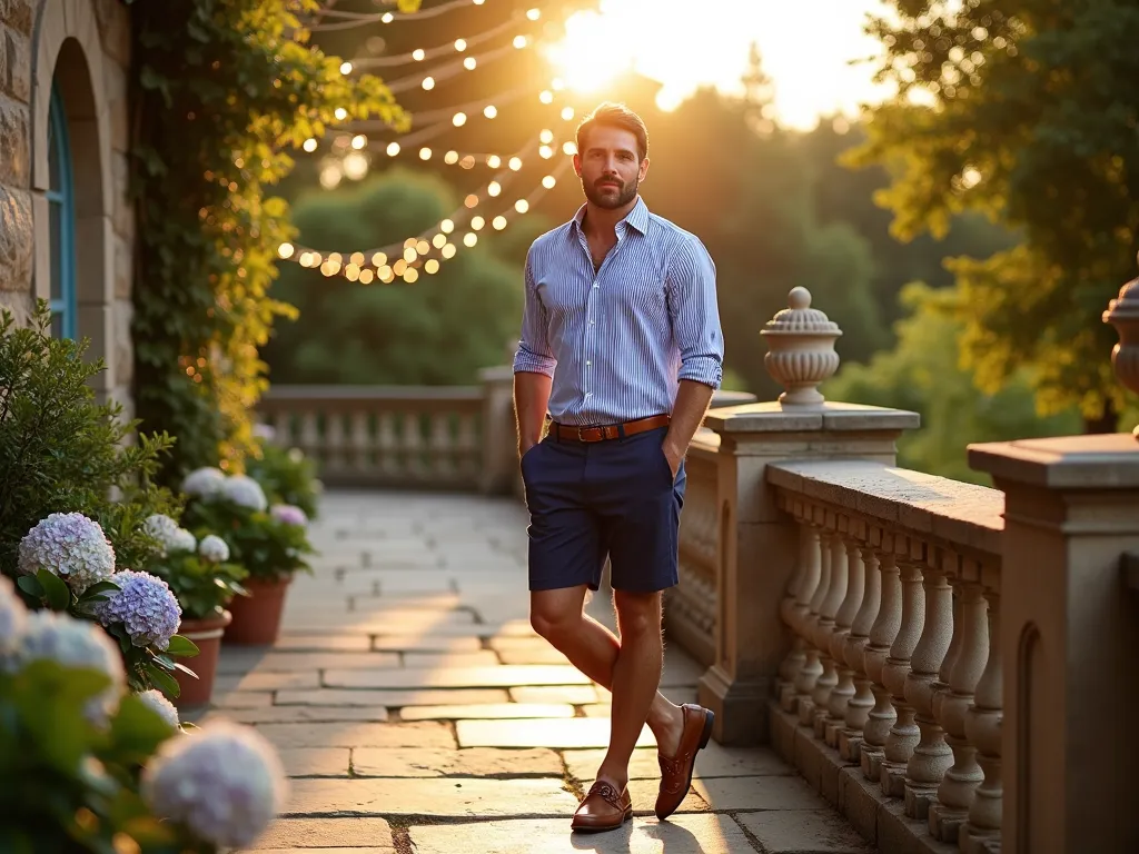 Elegant Garden Party Attire on Terrace - A sophisticated wide-angle shot of a well-dressed man in a crisp blue and white striped Oxford shirt and tailored navy cotton shorts, standing on an elegant stone terrace during golden hour. The man is casually leaning against a weathered teak railing, wearing classic brown leather boat shoes and a tan braided belt. The terrace features potted hydrangeas and climbing roses, with a beautiful English garden visible in the background. Warm evening sunlight casts long shadows across the natural stone pavers, while string lights draped overhead create a festive atmosphere. Shot with a digital camera, 16-35mm lens at f/2.8, ISO 400, capturing the rich golden tones and garden party ambiance.