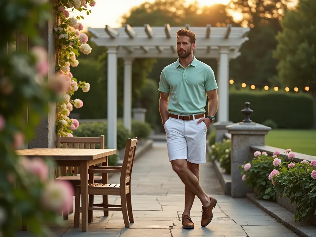 Elegant Garden Party Attire - A sophisticated wide-angle DSLR shot capturing a well-dressed man in his early 30s wearing a soft mint-green polo shirt tucked into crisp white tailored shorts, standing on a classic slate patio during golden hour. He's positioned near a blooming hydrangea border with climbing roses on a white trellis backdrop. The lighting is warm and natural, casting gentle shadows across the weathered teak furniture. The subject is photographed at f/8 in a relaxed pose, leaning against an elegant stone balustrade, wearing brown leather deck shoes and a tan canvas belt. The manicured lawn and English garden beyond create a sophisticated depth of field, while string lights twinkle softly in the background pergola. Professional photography, 4K, hyperrealistic detail.