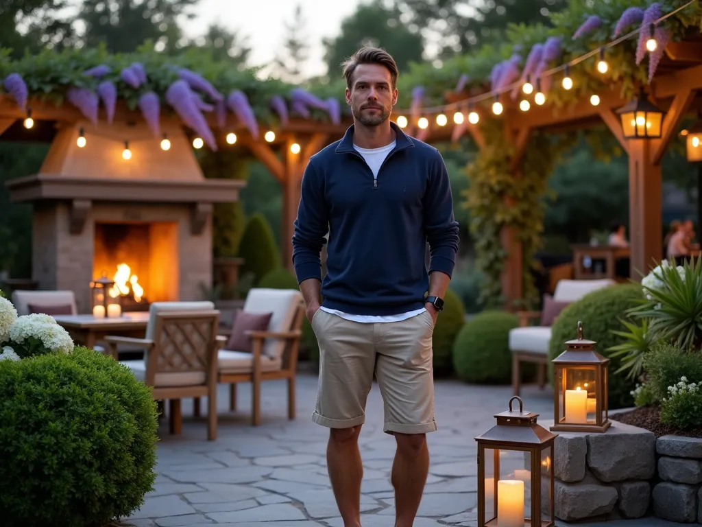 Elegant Garden Party Quarter-Zip Style - A sophisticated twilight scene on a well-manicured garden patio, captured with a 16-35mm lens at f/2.8, ISO 400. A stylish man in his 30s wearing a navy cotton quarter-zip pullover over a crisp white t-shirt and khaki shorts, standing casually near a stone fireplace. The foreground features weathered teak furniture and copper lanterns, while the background showcases a beautifully lit pergola adorned with climbing wisteria. Soft string lights create a warm ambiance, casting gentle shadows across the bluestone patio. Tailored boxwood hedges and white hydrangeas frame the scene, with hints of lavender adding subtle color. The golden hour lighting emphasizes the refined casual atmosphere of the garden party setting.