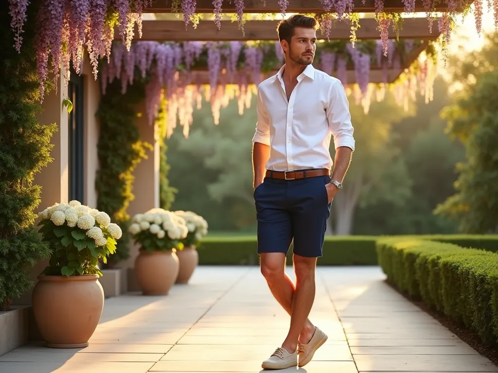 Elegant Garden Party Resort Wear - A sophisticated young man wearing a crisp white resort collar shirt and tailored navy cotton shorts stands on a sun-dappled patio during golden hour. He's casually leaning against a modern wooden pergola draped with flowering wisteria vines. The background features a well-manicured garden with structured boxwood hedges and blooming hydrangeas. Natural beige espadrilles complete his outfit. The scene is captured in a medium-wide shot with soft, warm lighting filtering through the pergola slats, creating an elegant interplay of light and shadow. Shot with a DSLR camera, wide-angle lens at f/8, ISO 100, 1/125 sec, emphasizing the refined garden party atmosphere and the outfit's sophisticated yet relaxed aesthetic.