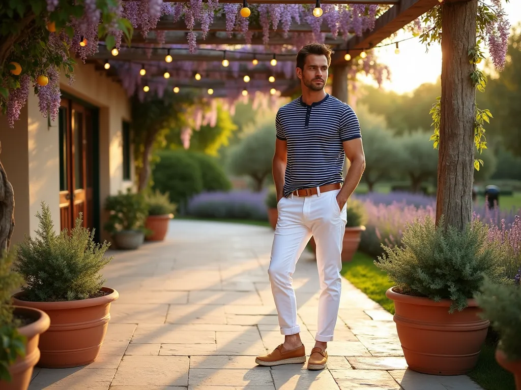 French Riviera Garden Party Style - A sophisticated garden party scene at golden hour, shot from a medium distance, featuring a well-dressed man in a navy-and-white Breton stripe t-shirt and crisp white linen pants, standing on a Mediterranean-style stone patio. The man is casually leaning against a weathered wooden pergola draped with flowering wisteria. Natural evening light filters through the pergola, casting elegant shadows. In the background, a manicured garden features lavender bushes and olive trees. The subject wears tan leather espadrilles and a canvas belt, embodying effortless French Riviera style. Shot with a DSLR camera at f/8, capturing the rich textures of the stone patio and the interplay of light and shadow. Terracotta pots with citrus trees frame the scene, while strings of warm café lights add a subtle ambient glow. Photographic style: lifestyle, editorial, architectural.