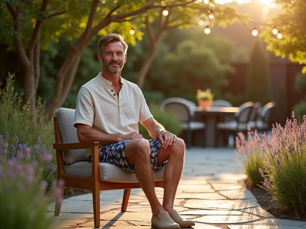 Stylish Garden Party Henley Outfit - A golden hour photograph on a luxurious stone patio surrounded by lavender and ornamental grasses. A man is captured in a medium shot, wearing a textured oatmeal linen Henley shirt and navy botanical-print shorts, sitting casually on a modern teak garden chair. Beige canvas slip-ons complete the outfit. Soft evening light filters through nearby Japanese maple trees, casting warm shadows across the weathered stone. A contemporary outdoor dining setup with string lights is visible in the background. Shot with shallow depth of field at f/2.8, creating a dreamy bokeh effect with the garden elements. 16mm wide angle perspective emphasizes the natural garden setting while keeping the outfit as the focal point.