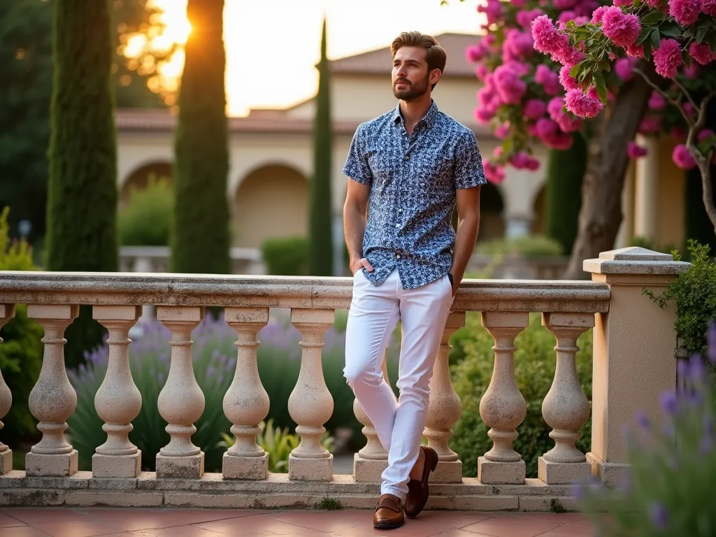 Stylish Garden Party Attire on Mediterranean Terrace - Professional photography of a sophisticated man in his 30s wearing a geometric-print short-sleeve shirt in blue and white tones paired with crisp white jeans, standing on an elegant Mediterranean-style garden terrace during golden hour. He's positioned beside a weathered stone balustrade adorned with cascading bougainvillea. Behind him, a well-manicured garden features cypress trees and lavender bushes. The man is wearing brown leather loafers and casually leaning against the balustrade, with soft evening light casting warm shadows across the terrace's terracotta tiles. Shot with a 16-35mm lens at f/2.8, ISO 400, creating a dreamy bokeh effect with the garden background while maintaining sharp focus on the outfit details. Stylized with a warm, natural color palette emphasizing the interplay between the architectural elements and fashion.