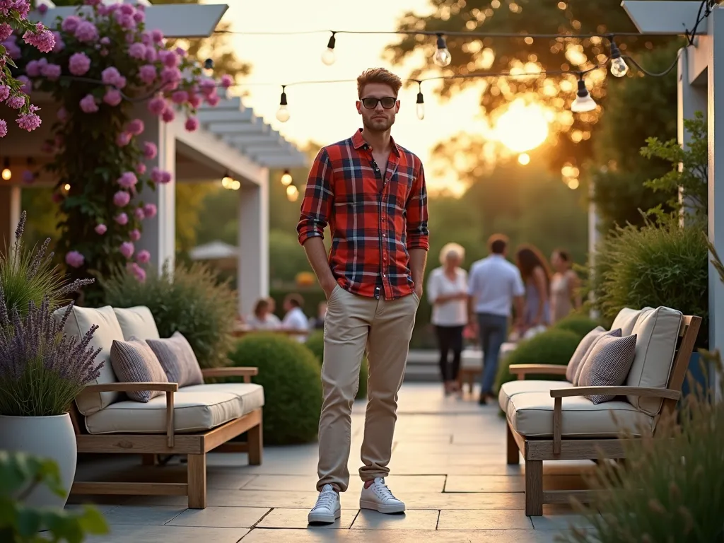 Elegant Garden Party Madras Style - Atmospheric late afternoon garden party scene, shot at golden hour with a 16-35mm lens at f/2.8. A stylishly dressed man in a vibrant madras plaid shirt and stone chinos stands casually on a modern stone patio, white canvas sneakers completing his look. He's positioned near weathered teak furniture and potted lavender, with a backdrop of climbing roses on a white pergola. String lights hang overhead, creating a warm ambiance against the setting sun. Soft bokeh effect in background shows other garden party guests mingling. The composition captures both the outfit detail and the sophisticated outdoor setting, with hydrangea bushes and ornamental grasses adding texture to the scene. Photojournalistic style, natural lighting enhanced by golden hour glow.