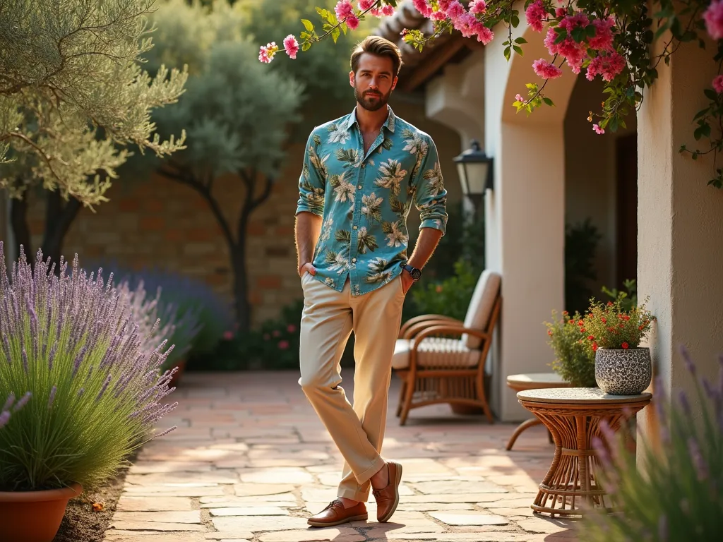 Mediterranean Garden Party Attire - A sophisticated evening garden scene featuring a man wearing a stylish Hawaiian print camp collar shirt in muted blues and greens paired with crisp beige linen trousers, standing on a Mediterranean-style patio. The patio features weathered terracotta tiles surrounded by lavender bushes and olive trees. Soft golden hour lighting casts warm shadows across the space, while climbing bougainvillea adorns the rustic stone walls in the background. The man is casually leaning against a whitewashed pillar, wearing brown leather espadrilles, with a vintage rattan chair and small mosaic side table visible nearby. Shot from a three-quarter angle to showcase both the outfit and the garden setting, with subtle depth of field highlighting the outfit while maintaining the romantic garden atmosphere.