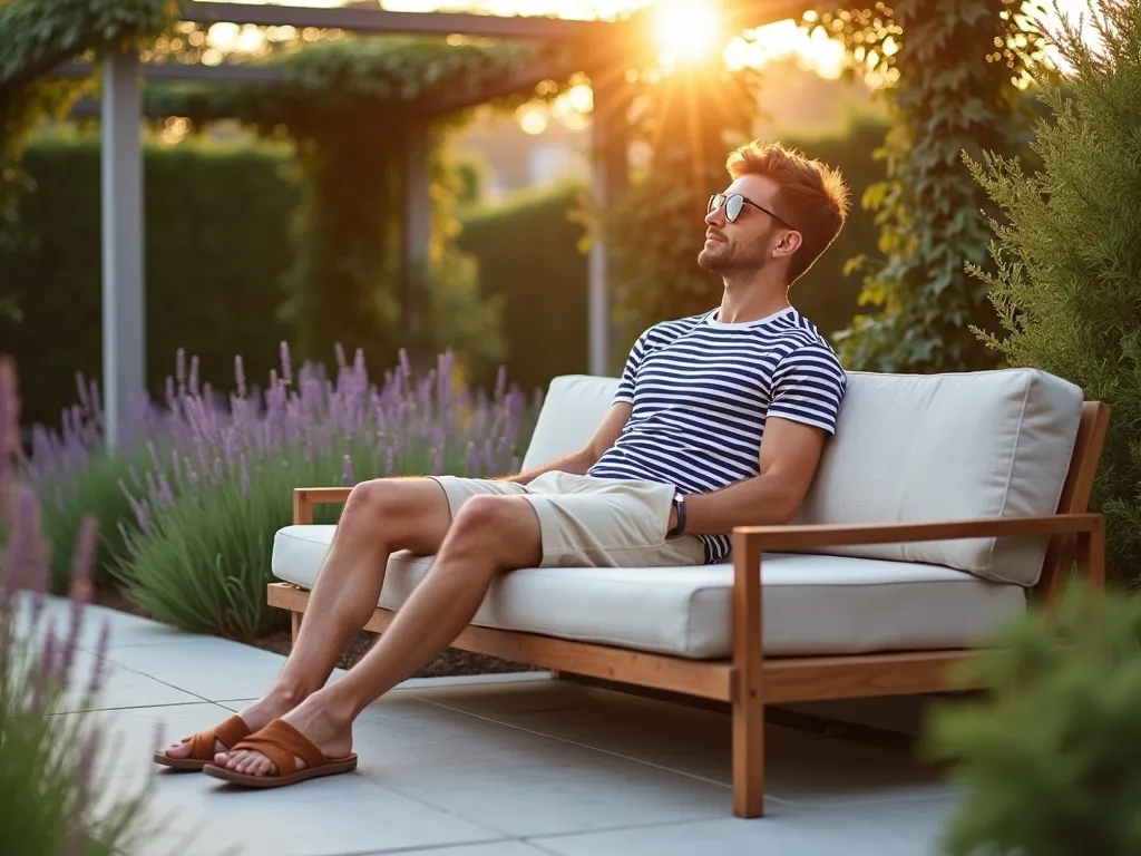 Modern Garden Party Casual Men's Outfit - A stylish young man in a navy and white striped premium cotton t-shirt and beige linen-blend shorts, relaxing on a contemporary teak garden sofa during golden hour. He's wearing brown leather sandals and is surrounded by a well-manicured garden terrace featuring lavender plants and ornamental grasses. The background shows a modern pergola covered in climbing jasmine, with warm sunset light filtering through. Shot from a medium angle at f/2.8, creating a beautiful bokeh effect that softens the lush garden backdrop. Professional lifestyle photography with natural lighting emphasizing the casual elegance of the garden party setting.