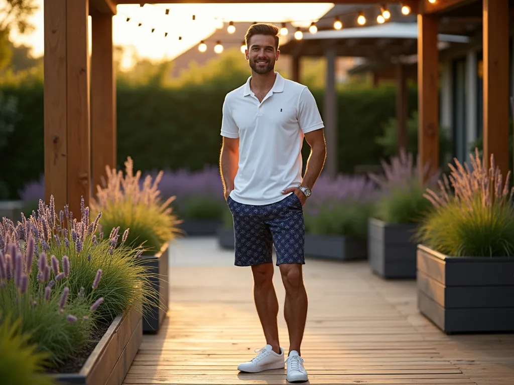 Modern Garden Party Polo Style - A sophisticated garden party scene at golden hour, shot at f/2.8 with a 16-35mm lens. A stylish man stands on a contemporary wooden deck surrounded by ornamental grasses and lavender. He's wearing a crisp white pique polo shirt and navy shorts with subtle geometric patterns, paired with clean white canvas sneakers. The deck features modern planters with tall grasses creating depth. Soft evening light casts long shadows across the deck's wooden slats, while string lights twinkle overhead between wooden pergola beams. The background shows a manicured garden with layers of greenery. Shot from a medium angle to capture both the outfit details and the garden atmosphere, with natural bokeh effect highlighting the textural contrast between the polo's pique fabric and the patterned shorts.