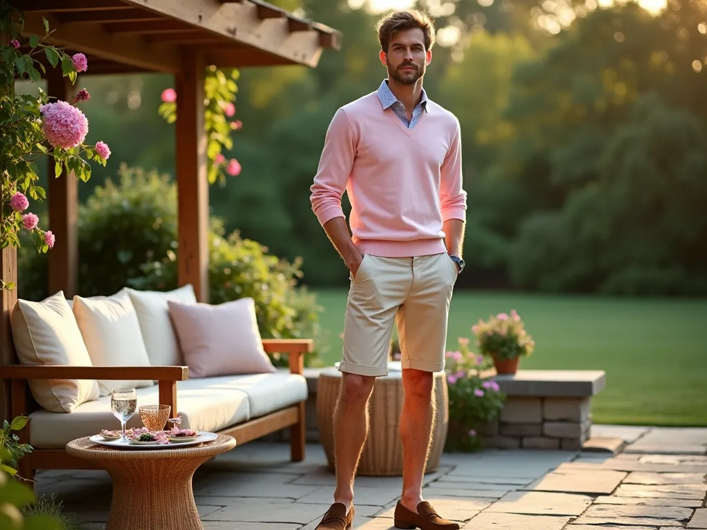 Preppy Garden Party Attire at Sunset - A sophisticated young man in a light pink cotton sweater and tailored beige Bermuda shorts stands on a stone patio during golden hour. He's wearing brown suede loafers and is positioned near a weathered teak garden sofa with cream cushions. The background features a lush English garden with blooming hydrangeas and climbing roses on a wooden pergola. Soft evening light filters through mature maple trees, casting dappled shadows across the natural stone pavement. Crystal glasses and appetizer plates are arranged on a vintage rattan side table, suggesting an elegant garden party atmosphere. Shot from a three-quarter angle to showcase both the outfit and garden setting, with shallow depth of field focusing on the outfit details.