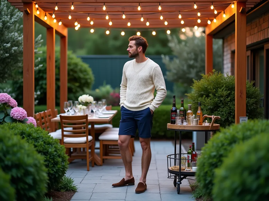 Elegant Garden Party Preppy Attire - A sophisticated garden party scene at dusk, captured from a medium angle, showing a well-dressed man in his 30s wearing a cream cotton cable knit sweater and navy tailored shorts, standing on a classic bluestone patio. He's positioned near a vintage teak garden furniture set, surrounded by meticulously pruned boxwood hedges and blooming hydrangeas. Warm cafe string lights hang overhead between wooden pergola posts, creating a soft, ambient glow. The man is wearing brown suede loafers and engaging in conversation near an elegant outdoor bar cart. Professional DSLR photo with natural golden hour lighting, shallow depth of field highlighting the outfit details while maintaining environmental context. f/8, ISO 100, 1/125 shutter speed, shot with a 24-70mm lens.