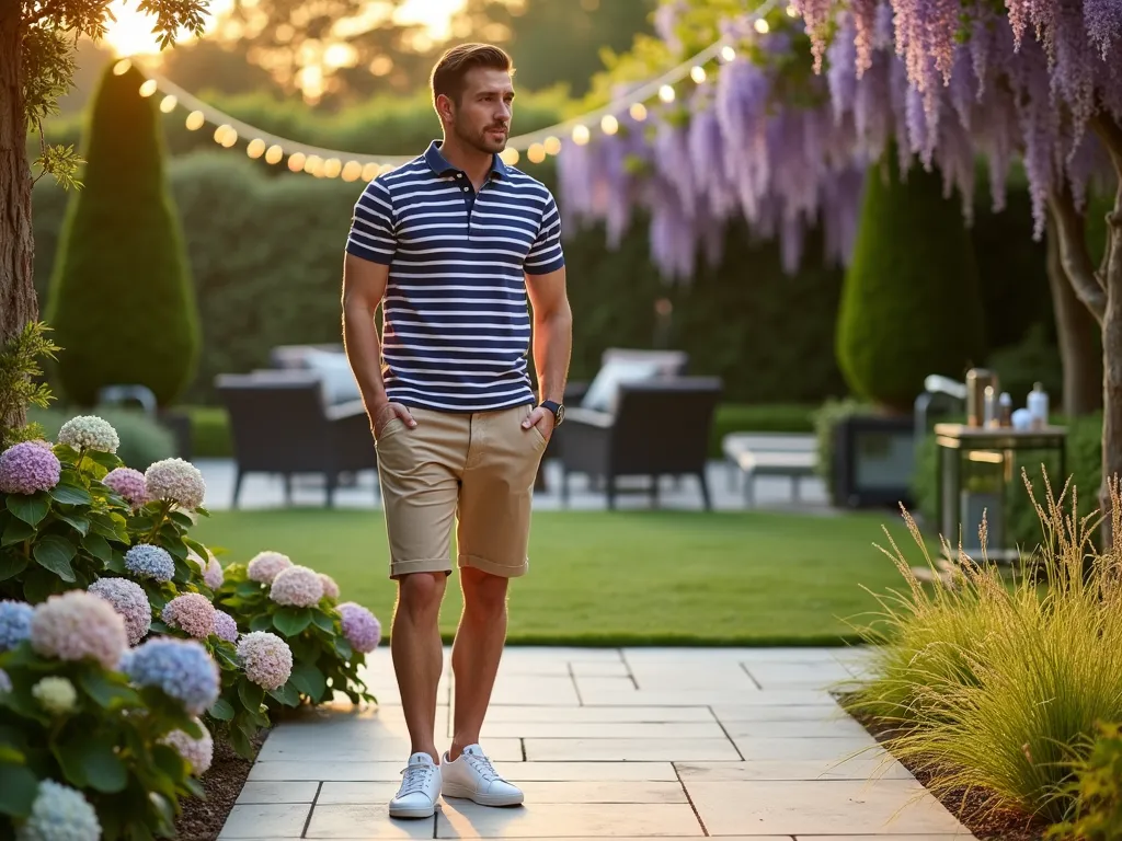 Sophisticated Rugby Style Garden Party - A sophisticated garden party scene at golden hour, featuring a well-dressed man in a navy and white striped rugby shirt paired with tailored khaki shorts. He's standing on a pristine stone patio surrounded by blooming hydrangeas and ornamental grasses. The background showcases a perfectly manicured lawn with topiary bushes and a decorative pergola draped in climbing wisteria. Soft evening light casts warm shadows across the space, while string lights twinkle overhead. The man is engaged in conversation near a modern outdoor bar cart, wearing clean white sneakers that complement the casual yet refined atmosphere. Medium shot composition with shallow depth of field, highlighting the outfit while maintaining the lush garden context.