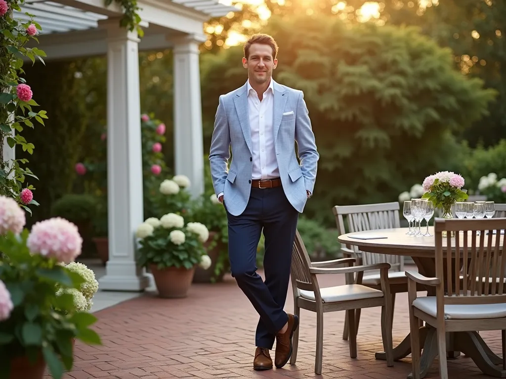 Elegant Seersucker Garden Party Attire - A sophisticated garden party scene at golden hour, featuring a gentleman in a perfectly tailored light blue and white seersucker blazer paired with crisp navy cotton pants. He's standing on a classic brick patio surrounded by blooming hydrangeas and climbing roses. The warm evening light casts long shadows across the weathered teak furniture, while crystal glasses sparkle on a nearby table. The subject is photographed in a natural three-quarter pose, with the garden's lush greenery and a white pergola creating a soft backdrop. His brown suede loafers complement the natural garden setting, while the white button-down shirt creates a clean contrast against the textured seersucker fabric. Professional DSLR photo with perfect depth of field, capturing the fabric's distinctive puckered texture and the garden's natural beauty in harmonious composition.