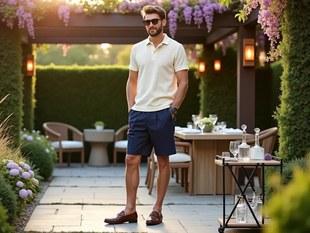 Sophisticated Garden Party Attire - A sophisticated man in his mid-30s stands on a beautifully landscaped patio, captured during golden hour. He's wearing a cream-colored textured knit polo and tailored navy pleated shorts, complemented by burnished brown penny loafers. He's positioned near a modern outdoor dining setup with a backdrop of climbing wisteria and perfectly manicured boxwood hedges. The warm evening light casts gentle shadows across the limestone patio, while crystal pendant lights hang overhead between wooden pergola beams. A stylish outdoor bar cart with crystal decanters sits nearby. Shot with a wide-angle lens at f/8, creating a cinematic depth that captures both the outfit details and the luxurious garden setting. Soft bokeh effect in background highlights blooming hydrangeas and ornamental grasses.