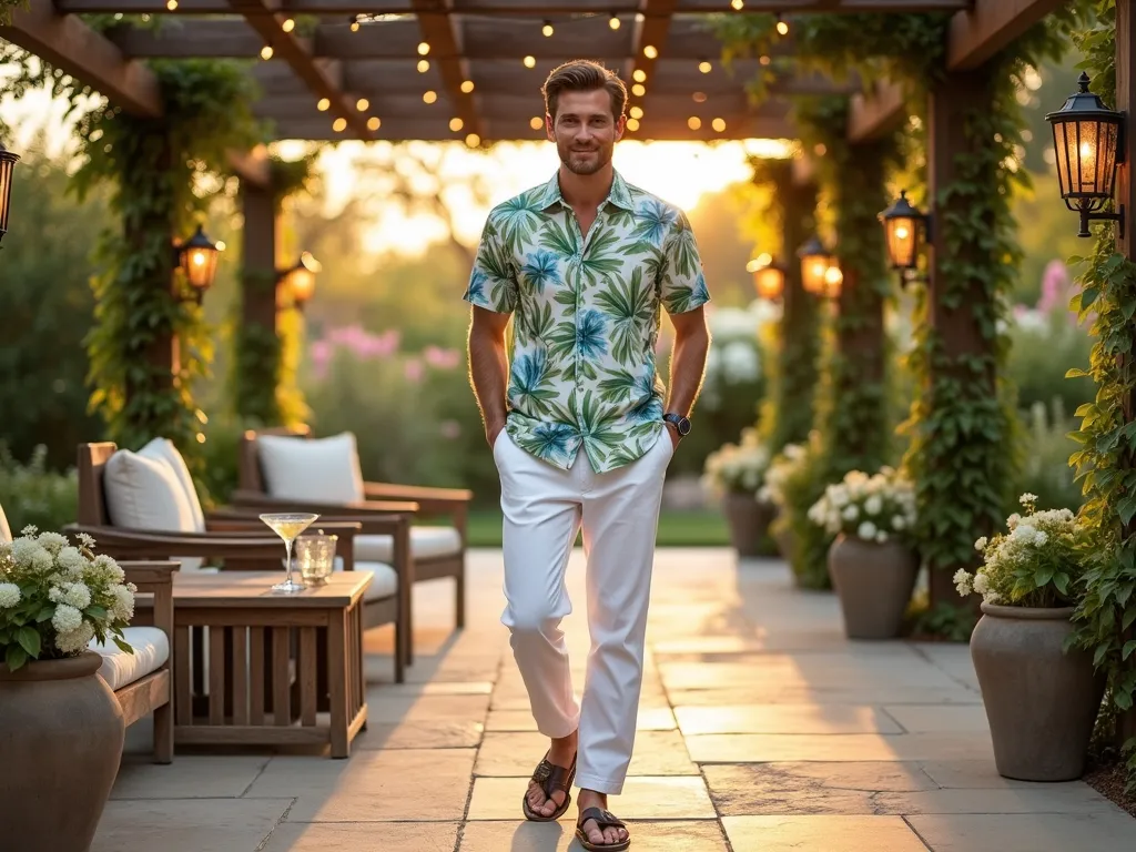 Elegant Garden Party Attire at Sunset - A sophisticated man wearing a relaxed-fit botanical print resort shirt in soft greens and blues paired with crisp white linen pants, standing on a luxurious stone patio. The background features a lush garden with blooming hydrangeas and climbing jasmine. Golden sunset light filters through pergola beams overhead, casting warm shadows across the natural stone flooring. Weathered teak furniture and copper lanterns create an elegant atmosphere, while the man's leather sandals complement the earthy tones. A crystal cocktail glass sits on a nearby vintage wooden side table. Shot from a three-quarter angle to capture both the outfit details and the garden setting, with subtle bokeh effect in the background highlighting string lights intertwined with the pergola's climbing plants.