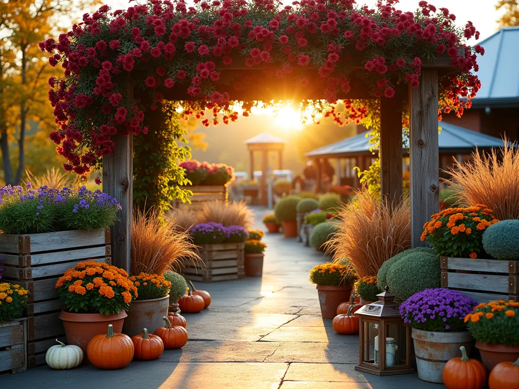 Enchanting Autumn Garden Center Entrance - A stunning wide-angle shot of a garden center entrance at golden hour, captured with a 16-35mm lens at f/2.8, ISO 400. The entrance features a rustic wooden arbor adorned with climbing burgundy chrysanthemums and cascading orange nasturtiums. Below, an artfully arranged display showcases tiered vintage wooden crates filled with blooming autumn perennials, including deep purple asters, orange marigolds, and copper-colored sedums. Weathered terracotta containers overflow with ornamental kale and bronze carex grass. Decorative pumpkins, gourds, and metallic lanterns are thoughtfully scattered throughout. Warm autumn sunlight filters through the arbor, creating a magical ambiance that draws customers into the seasonal scene. The display demonstrates a perfect balance of retail merchandising and inspirational garden design.