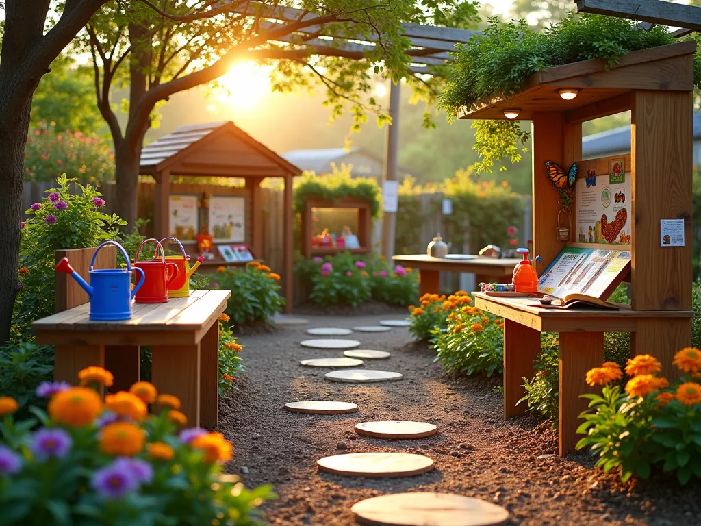 Whimsical Children's Garden Discovery Center - A magical golden hour photograph of a beautifully designed children's garden center display, shot with a wide-angle lens capturing the entire interactive space. The foreground features miniature wooden workbenches with colorful child-sized gardening tools and watering cans. Vibrant butterfly-attracting flowers like zinnias and marigolds create rainbow-like rows at child height. A central educational kiosk displays illustrated panels about plant life cycles and beneficial insects. Scattered throughout are charming fairy garden vignettes with tiny houses and accessories. Natural wood stepping stones lead to different discovery zones. Soft evening sunlight filters through a decorative trellis overhead, casting gentle shadows on the educational displays. The space includes terrariums at child-level showing different stages of seed germination. Small identification tags with fun facts are positioned at kid-friendly heights. The overall composition creates an engaging, hands-on learning environment that sparks young gardeners' imagination.