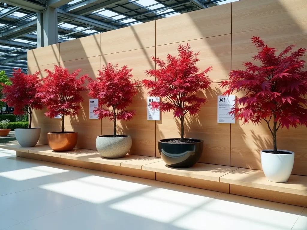 Modern Garden Center Container Display Wall - A professional, well-lit garden center display wall showcasing six identical Japanese Maple trees planted in different decorative containers, arranged in a clean, modern grid pattern against a natural wood backdrop. Each container represents different styles - sleek modern concrete, traditional terracotta, rustic weathered wood, metallic copper, classic black ceramic, and contemporary white fiberglass. Clear price tags and material descriptions float elegantly beside each display. Soft morning light streams through overhead skylights, creating gentle shadows that highlight the textures of each container. The Japanese Maples' deep red foliage provides a stunning contrast against the varied container materials. Shot from a slight angle to show depth and dimension, with pristine white flooring reflecting the display.