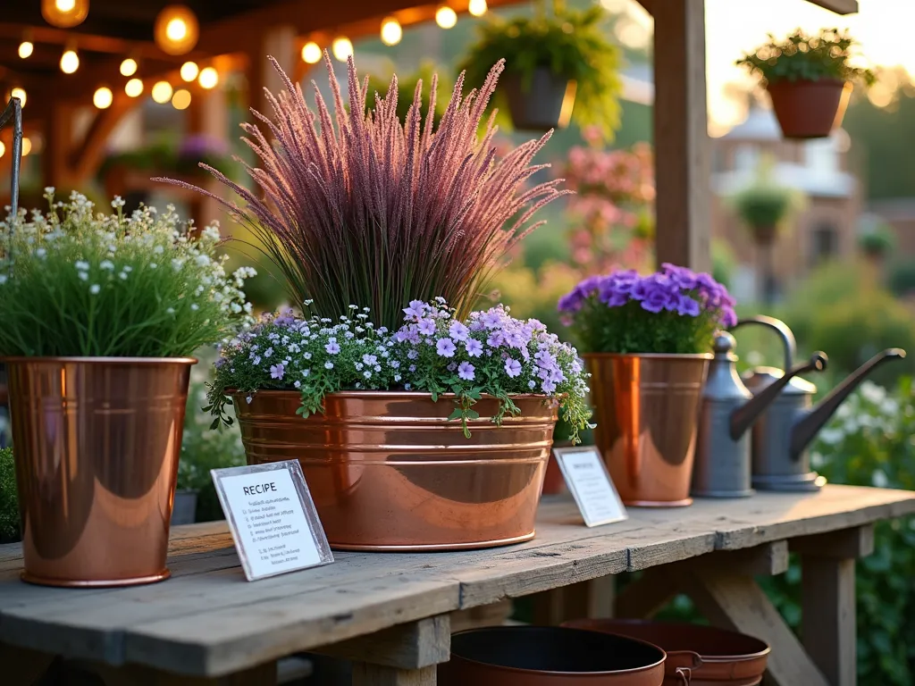 Garden Center Container Recipe Display - Professional DSLR photo of an elegant garden center display station at golden hour, shot at f/8. A rustic wooden potting bench features three complete container gardens at different price points. The centerpiece is a luxurious copper planter filled with dramatic purple fountain grass, trailing silver dichondra, and deep purple petunias. Each container has an accompanying recipe card in a clear acrylic holder, listing plants and care instructions. Plant tags and pricing visible. Soft natural lighting creates warm highlights on the copper container while string lights add ambiance. Wide-angle perspective shows surrounding display context with other container combinations visible in background. Styled with vintage watering cans and garden tools.