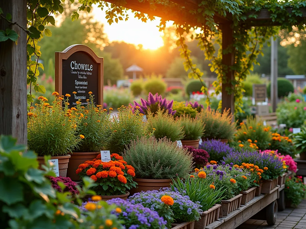 Edible Garden Display at Sunset - A stunning garden center display photographed at golden hour, showcasing a harmonious blend of edible and ornamental plants. In the foreground, vibrant rainbow chard and purple basil intermingle with flowering lavender and cosmos. Mid-ground features an artistic arrangement of dwarf fruit trees in decorative containers, surrounded by cascading nasturtiums and bright marigolds. Rustic wooden recipe card holders are thoughtfully placed throughout, offering seasonal recipes. The display is photographed with a 16-35mm lens at f/2.8, capturing the warm sunset light filtering through grape vine-covered pergola above. Professional lighting emphasizes the textural contrast between ornamental kale, climbing peas, and flowering clematis. A vintage-style chalkboard lists growing tips, while copper plant markers add an elegant touch. Shot with shallow depth of field to create a dreamy, inspiration-rich atmosphere.