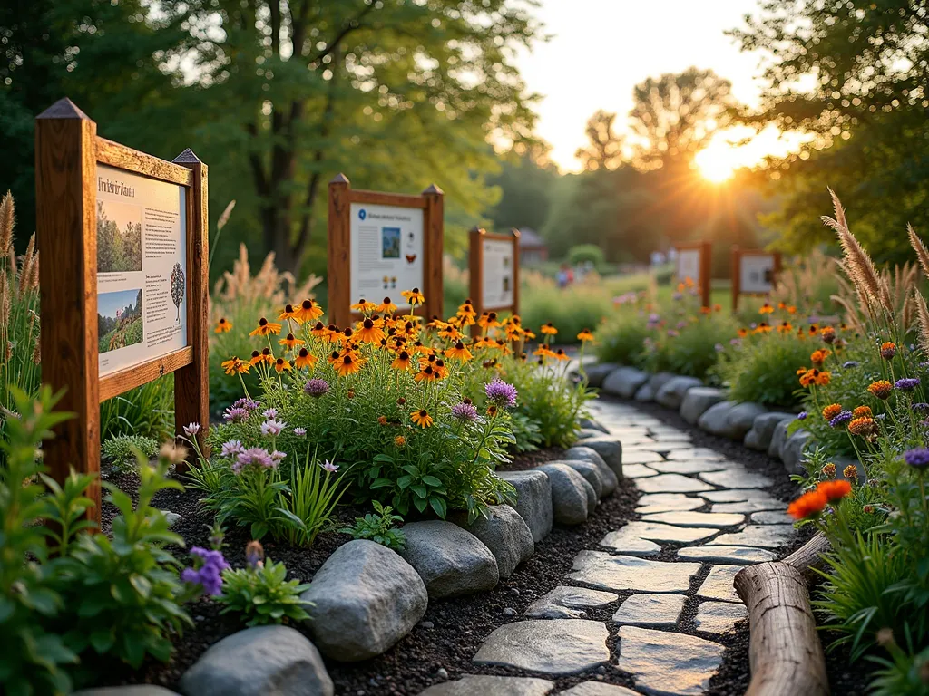 Educational Native Plant Display Garden - Professional DSLR wide-angle photograph of an artfully arranged garden center educational display showcasing native plants, captured during golden hour. The display features distinct habitat zones - woodland, prairie, and wetland sections - each beautifully styled with authentic native plants. Natural wood educational placards provide information about local ecosystems. A dramatic centerpiece of flowering Eastern Purple Coneflowers and Black-Eyed Susans attracts butterflies, while native grasses sway in the background. Thoughtful lighting highlights key specimens, with dew drops glistening on foliage. Small signs detail maintenance requirements and seasonal changes. The scene includes a meandering stone path allowing customers to explore each habitat zone, with naturalistic rock formations and fallen logs adding authenticity. Shot at f/8 for optimal depth of field, capturing rich botanical details and texture.