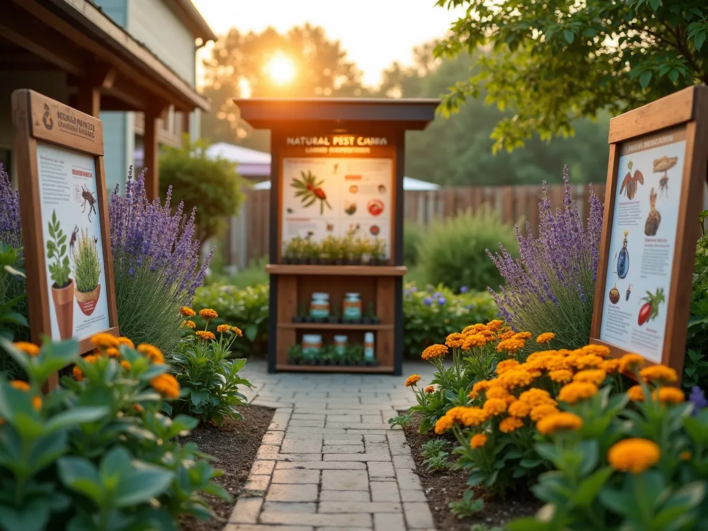 Educational Pest Management Display Garden - A professional garden center display featuring a tranquil demonstration garden at golden hour. The focal point is an elegant educational kiosk with clear infographics about natural pest control. Surrounded by thriving lavender, marigolds, and companion planting combinations. Close-up details of beneficial insects like ladybugs and praying mantises on healthy plant leaves. Contemporary wooden display stands showcase organic pest control products and resistant plant varieties. Soft, warm lighting highlights informative signage about integrated pest management techniques. High-quality commercial photography style with shallow depth of field on insect details. Professional retail merchandising with clean lines and organized product placement.