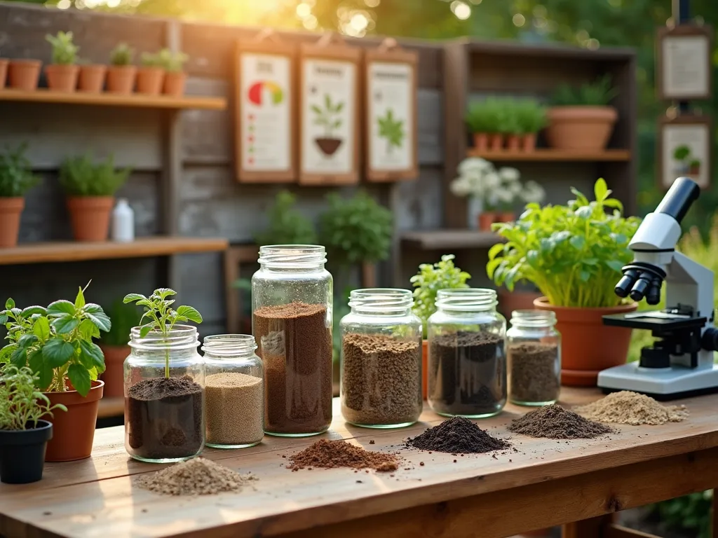 Educational Soil Amendment Display Station - Professional photography of an inviting garden center display featuring a rustic wooden workbench with various glass containers showing different soil layers and textures, backlit by warm afternoon sunlight. Multiple clearly labeled soil amendments in decorative glass jars are arranged on wooden shelving. Educational infographics showing soil composition and pH levels mounted on a weathered barn wood backdrop. Interactive soil testing station with microscope and testing equipment. Natural props include small potted herbs and vegetables demonstrating healthy growth in different soil types. High-end commercial photography with shallow depth of field focusing on detailed soil samples and testing equipment, soft bokeh effect in background